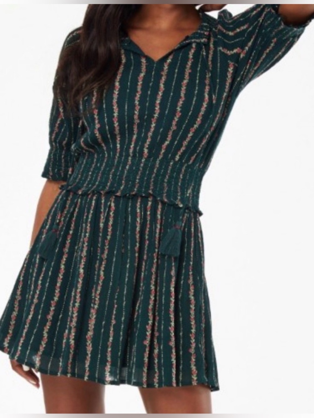 Roller Rabbit XS Dark Green Floral Tie-Front Smocked Waist Dress Cotton